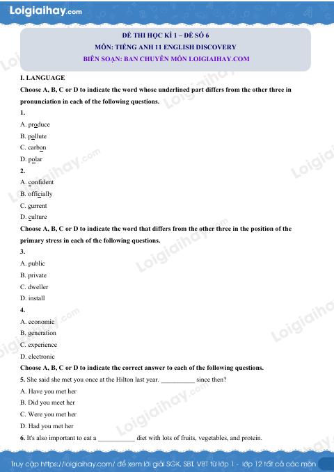 Đề thi học kì 1 Tiếng Anh 11 English Discovery - Đề số 6